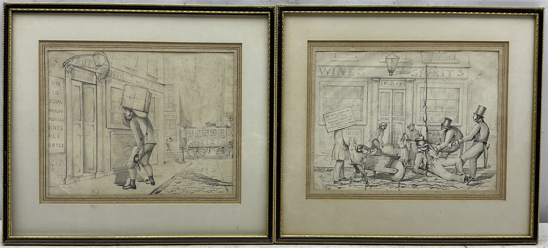 English School (Mid 19th century): Temperance Movement Cartoons, pair pencil drawings signed with indistinct monogram, possibly HF or HJ 19cm x 25cm (2)