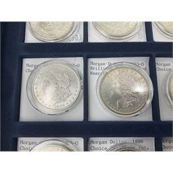 Twelve United States of America silver Morgan dollar coins, dated 1878 S, 1879 S, 1880 S, 1881 S, 1882 O, 1883 O, 1884 O, 1884 CC, 1885 O, 1886, 1887 and 1888