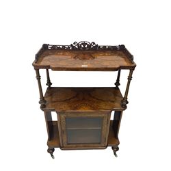 Victorian figured walnut breakfront etagere stand, fretwork gallery back, two tiers with figured book matched veneers over single glazed cabinet, turned feet with brass and ceramic castors 
