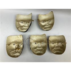 Five Japanese theatre / opera masks, the papier-mâché traditionally painted in the Noh Kabuki style, L18cm