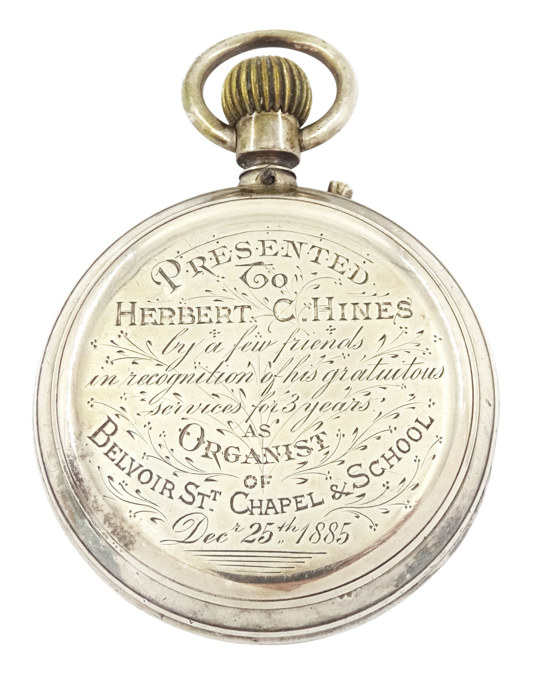 Victorian silver half hunter keyless lever pocket watch by Arthur Jack & Co, Cheltenham, No. 28881, white enamel dial with Roman numeral hour markers and subsidiary seconds dial, case by Errington Watch Company, Birmingham 1898, on silver Albert chain by Edwin Page, Chester 1904 with additional silver case