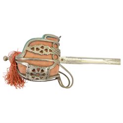 Reproduction Scottish basket infantry sword, 1828 pattern, the L79cm blade, etched with thistles and scroll work, dome pommel with a ball finial, basket hilt with heart piercing, with a steel scabbard, overall L98cm