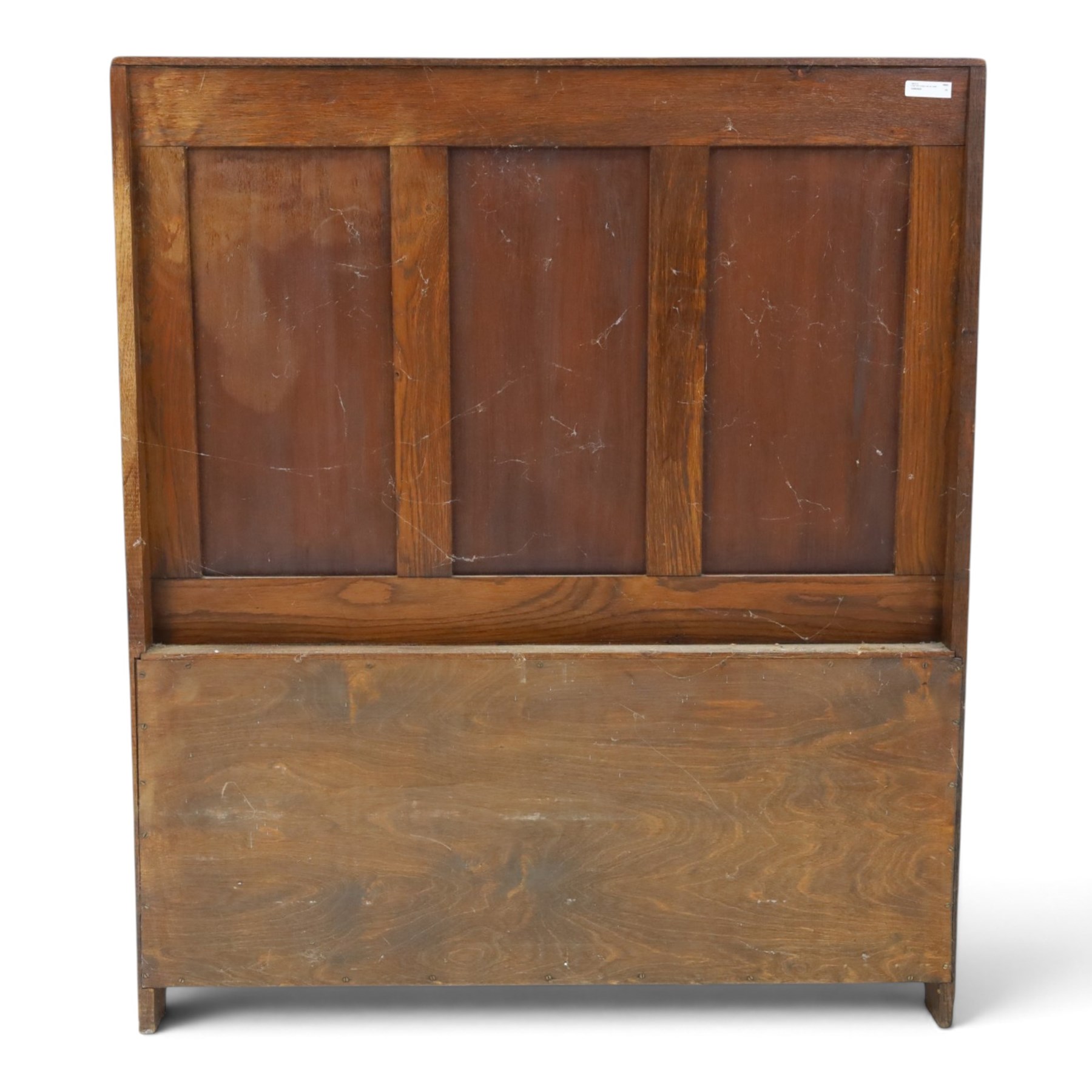 Early 20th century oak box settle, panelled back with arcaded carved rail, swept sides and arms, hinged seat with storage, panelled front