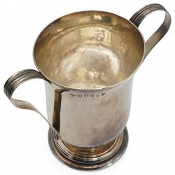 George III provincial silver two handled mug of baluster form engraved with initials, with reeded loop handles H14cm Newcastle 1799 Maker John Langlands II