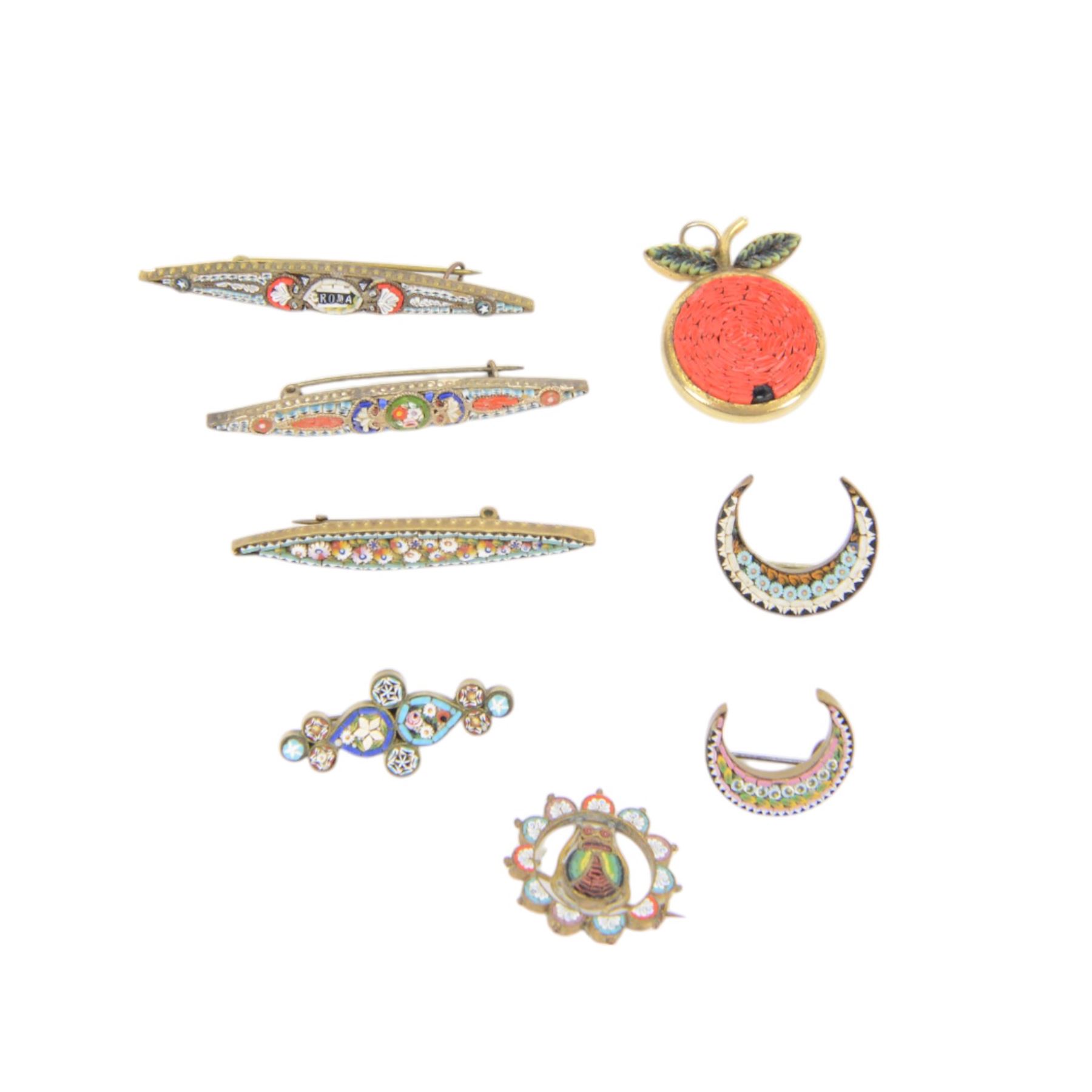 Thirty micro mosaic brooches including four Roma examples, in various shapes including crescents 