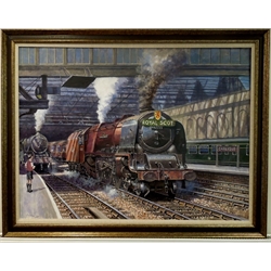 Robert Nixon (British 1955-): The Royal Scot 'Duchess of Sutherland' in Carlisle Railway Station, oil on canvas signed and dated '20, 75cm x 100cm