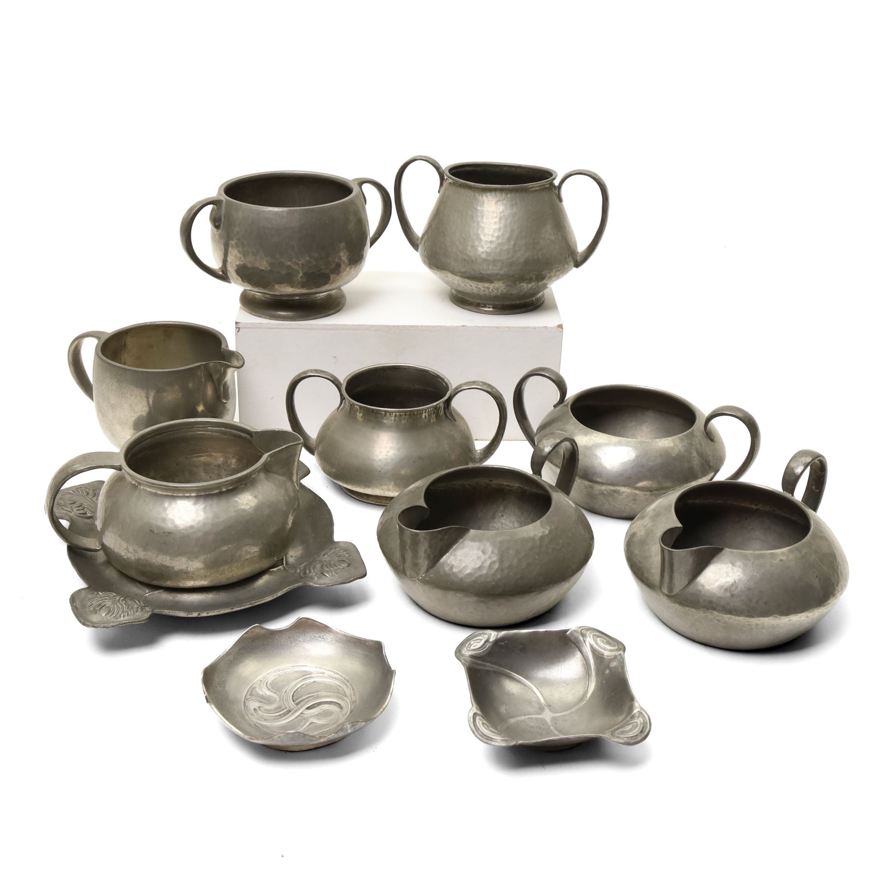 Tudric and other pewter including sugar bowls, milk jugs etc, small WMF Art Nouveau dish No262 and another No218