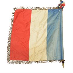 French Reserve of Non-commissioned officers association banner, in blue red and white silk with inscription 'Union Regional Des Sous-Officers De Reserve 17e Region' with bullion fringe borders, wood and brass pole with spearhead finial, L210cm

