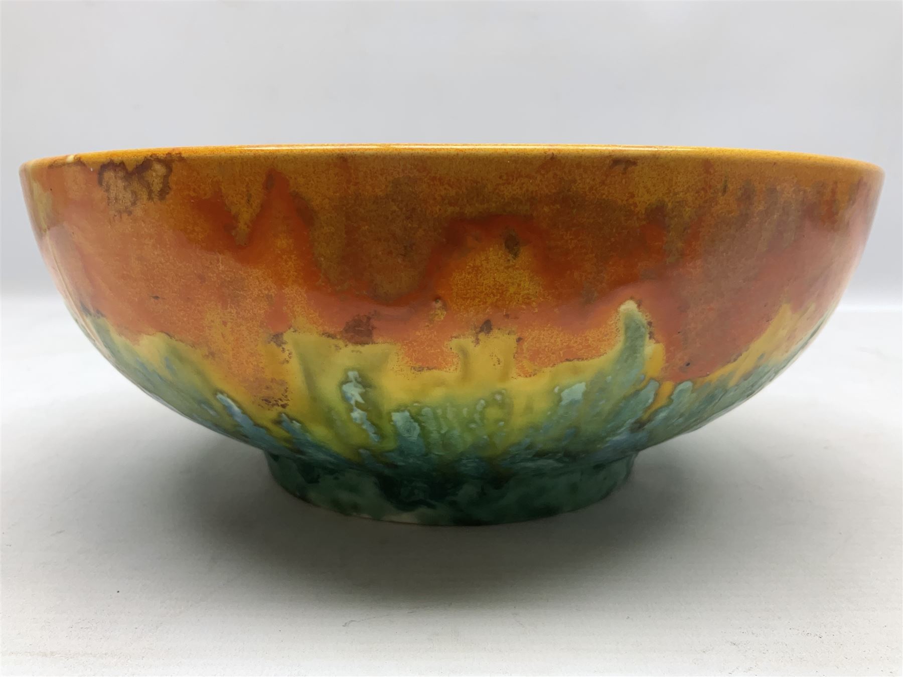 Crown Ducal bowl with orange and teal drip glaze decoration, D25cm H10cm