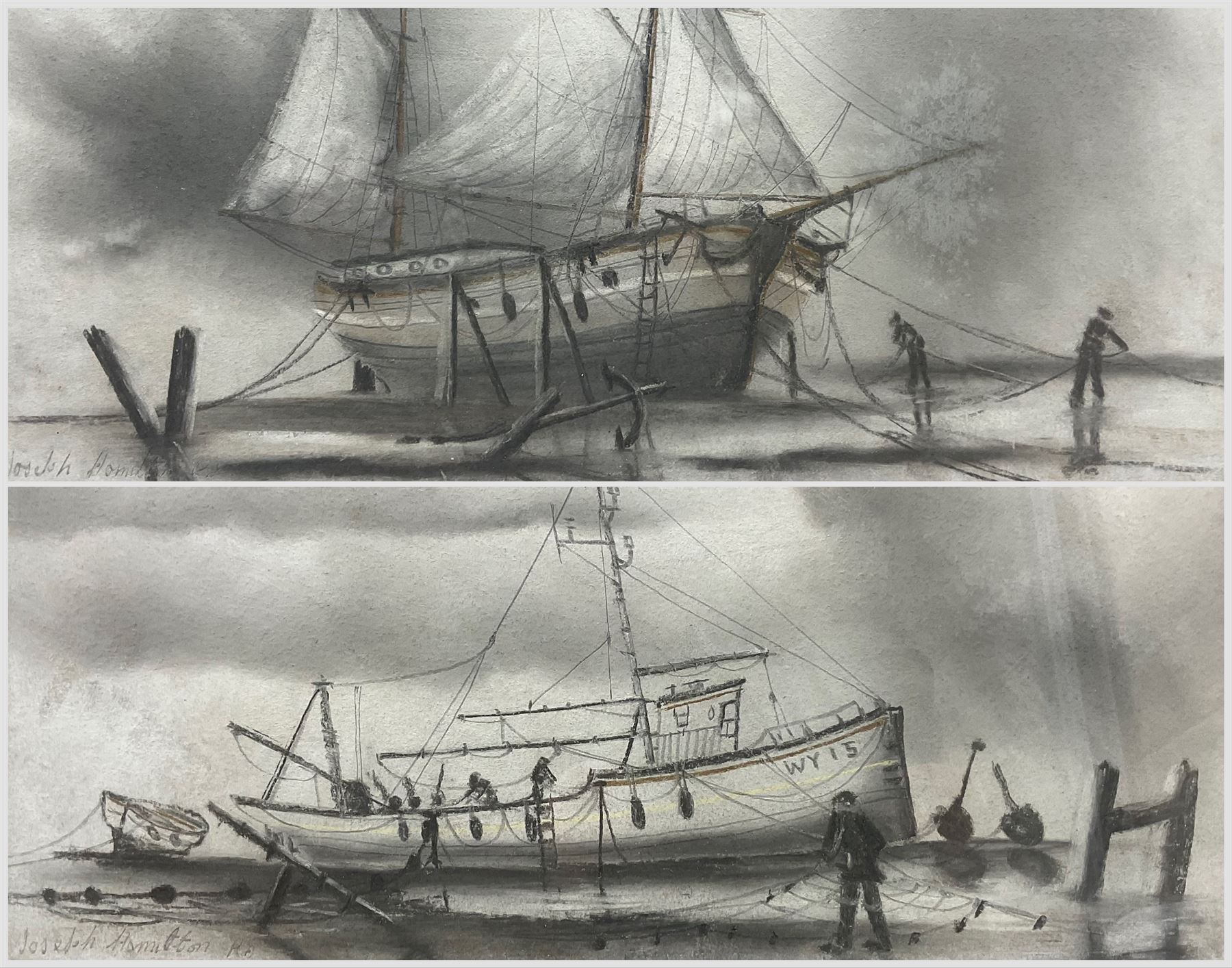 Joseph Hamilton (British 20th Century): Mooring Ships, pair oil pastel sketches indistinctly signed 24cm x 49cm (2)