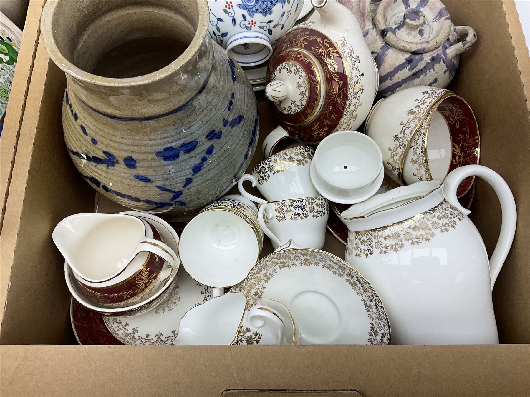Twin handled cache pot in the style of Herend Hungary, stamped VA Portugal, decorated with birds upon branches, Mason's Ironstone large footed bowl in the Mandarin pattern, Spode Gainsborough bowl, Royal Doulton Bird of Paradise plate c1938 D4602, lustre plates, Aynsley, oriental style lidded vase, Portmeirion, lattice creamware, J & G Meakin Sol, Wedgwood, studio pottery, Spode York Minister boxed plate etc