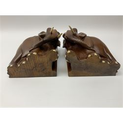 Pair of carved hardwood elephant bookends, H15cm