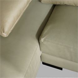 Christian Liaigre (1943-2020) - 'Arpege' handmade L-shaped sectional sofa, upholstered in neutral leather, with broad squared arms, deep seat cushions, angled chaise section, loose back cushions, raised on block feet