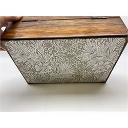 19th century mahogany sewing box with inlaid foliate mother of pearl decoration to exterior, the hinged cover opening to reveal a red watered silk lined and compartmented interior, the upper lift out tray containing a selection of bone, ivory and other accessories, H10.5cm L28cm D20.5cm