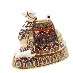 Royal Crown Derby Camel paperweight, silver stopper, red printed mark 