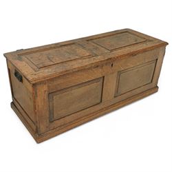 Early 18th century oak coffer, rectangular twin-panel top over a three-panel front, with s...