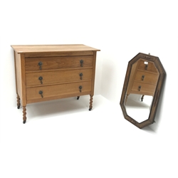  Early 20th century light oak chest, three drawers, barley twist supports (W90cm, H78cm, D46cm) and a wall mirror (2)  