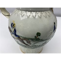 18th century Prattware jug, commemorating the Duke of York, moulded in relief with bands of stylised leaves, equestrian figures in landscape to the centre, H20cm