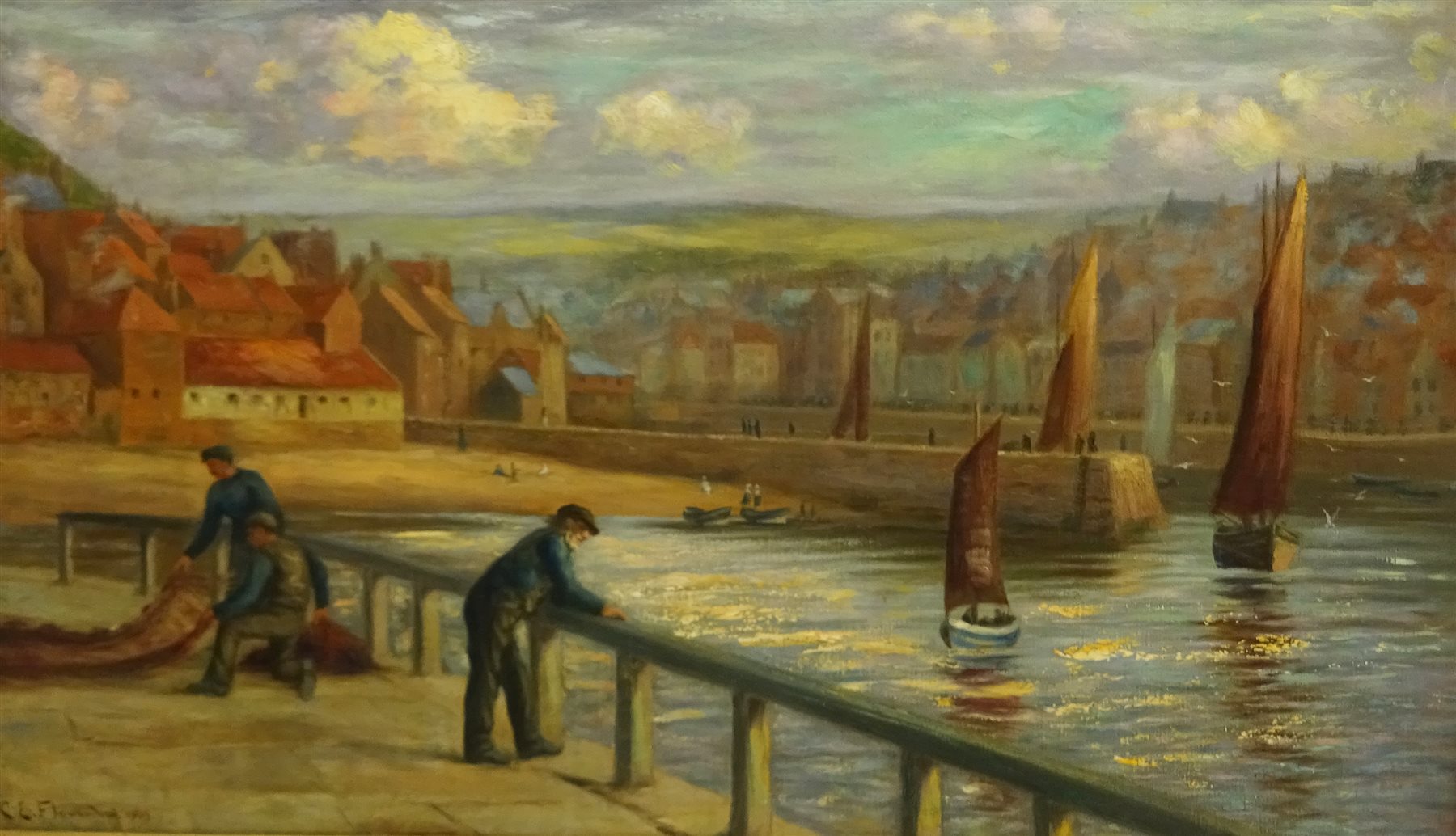 Charles E Flowerdew (British exh.1885): Whitby Fishermen on the East Pier, oil on canvas signed and dated 1903, 49cm x 83cm