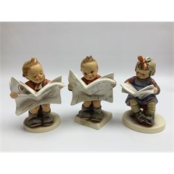 Thirty Hummel figures by Goebel, to include Saluting the Peacekeepers of Operation Joint Endeavor, on wooden plinth, Call to Glory, Celebrate with Song and Soldier Boy