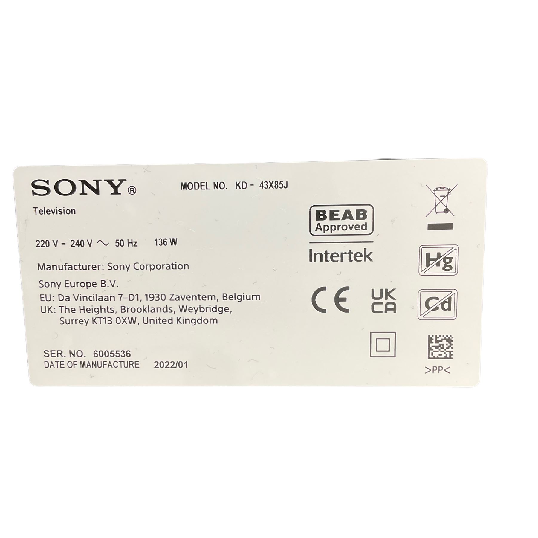 Sony 43'' KD43X 85 JU television, with remote