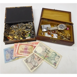  Florenza gilt metal mesh bracelet, amber & white metal bracelet, Pulsar Chronograph, silver thimble, silver cameo ring, other costume jewellery, Thai Baht banknotes & other banknotes and miscellanea in 19th century mahogany box & another   