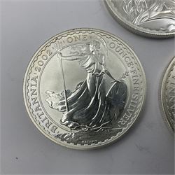 Five Queen Elizabeth II United Kingdom one ounce fine silver Britannia two pound coins dated 2002, 2003, 2004, 2005 and 2006