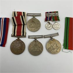 First World War and later medals comprising Imperial Service Medal, George V, with The Great War 1914-18 clasp, awarded to Robert Stokes, The Defence Medal 1939-1945, two War Medals 1939–1945, two miniature medals and quantity of ribbons