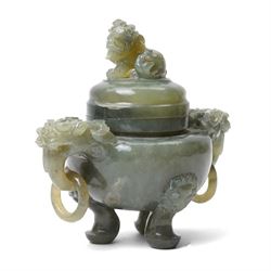 Chinese 20th century green hardstone censer and cover, H20cm