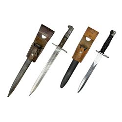 Schmidt-Rubin Model 1918 bayonet, the 30cm steel blade marked Elsener Schwyz, cross-piece numbered 813558; in steel scabbard with leather frog stamped E. Banga Sattler Selzac 67 L45.5cm overall; and Swiss Model 1957 SIG rifle bayonet by Wenger; in plastic scabbard with leather frog stamped E. Walty Sattlerei Baretswil 84 (2)