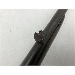 Late 18th century 7.2mm (approx. .28 calibre) Girandoni system single shot reservoir air rifle, the 62cm steel barrel with swivelling two-leaf rear sight, brass breech decorated with a sunburst and lever opening top loading, engraved steel lock-plates marked 'S. Gaskell' to the right side underneath the cocking lever, brass trigger guard,  leather covered steel butt reservoir of tapering conical form with brass ferrule and walnut fore-stock with horn mounts L107cm overall