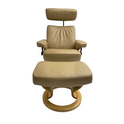 Ekornes Stressless - reclining armchair upholstered in latte leather, with footstool