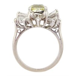 18ct white gold and platinum yellow sapphire, baguette and marquise cut diamond cluster ring, sapphire approx 2.95 carat, total diamond weight approx 1.20 carat