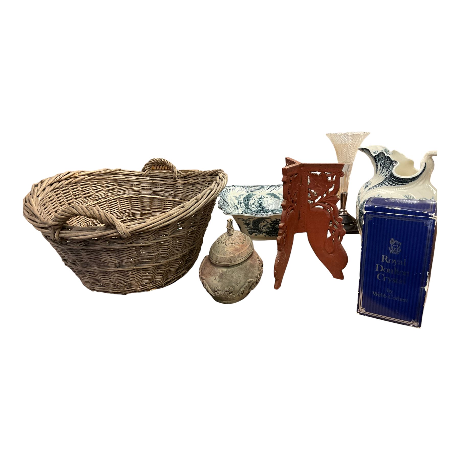 Twin handled basket together with wash jug and bowl and other collectables 