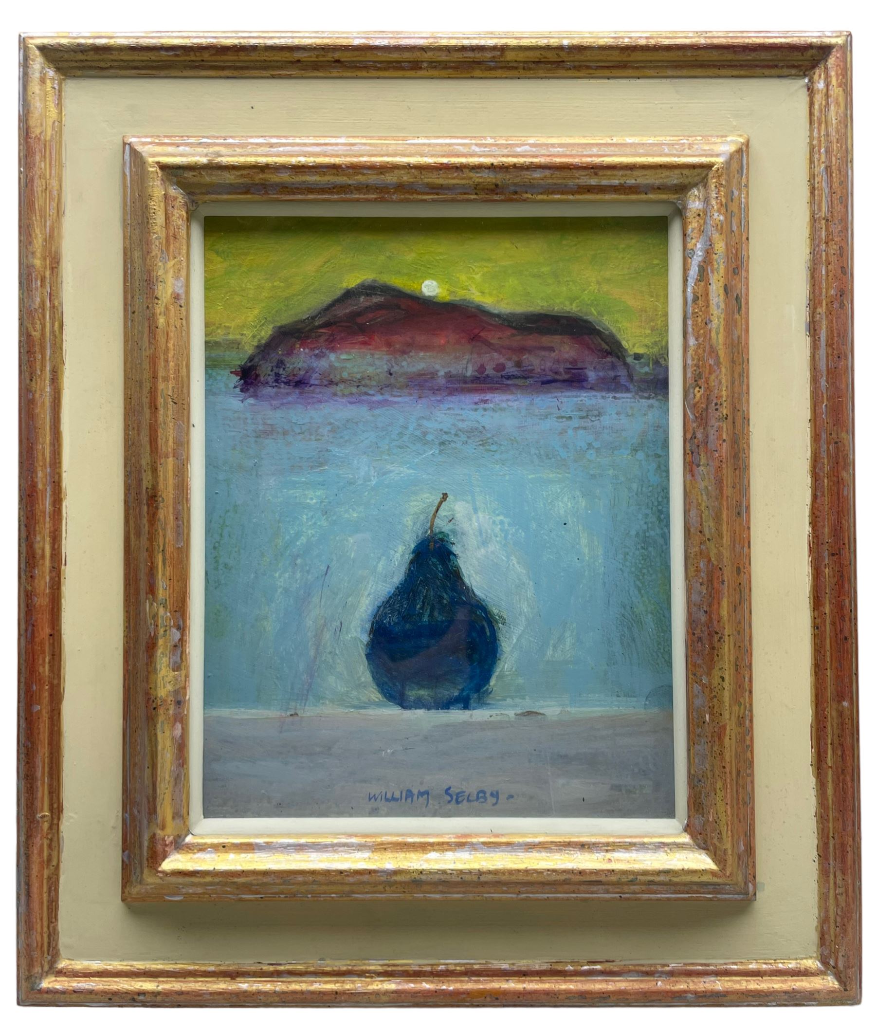 William Selby (Northern British 1933-): 'Blue Pear', mixed media on board signed, titled verso with artist's Brixham address label and Artist's Stock No.1312, 23cm x 18cm