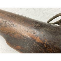 20th century Indian percussion musket, approximately 20-bore, in the .577 Enfield style, the 84cm barrel with two brass bands and numerous stampings, V-shaped rear sight, brass fittings including front and rear swivels, full oak stock stamped 356 L127cm overall