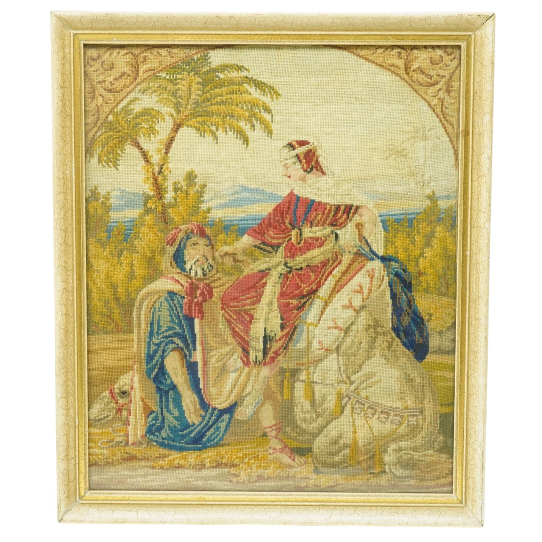 Set of five Victorian petit point needlework samplers, depicting various religious and continental scenes, framed, largest including frame 63cm x 56cm (5)