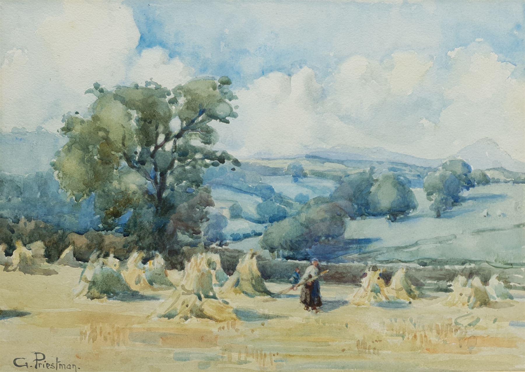 Gertrude Priestman (British 1870-1955): Gathering Corn Stooks, watercolour signed 25cm x 35cm