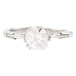 White gold and platinum single stone old cut diamond ring, with expanding hinged shank, diamond approx 1.30 carat
