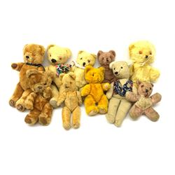 Collection of ten English teddy bears 1950s-60s including Chad Valley bear with swivel jointed head, glass type eyes with vertically stitched nose and mouth and jointed limbs H15