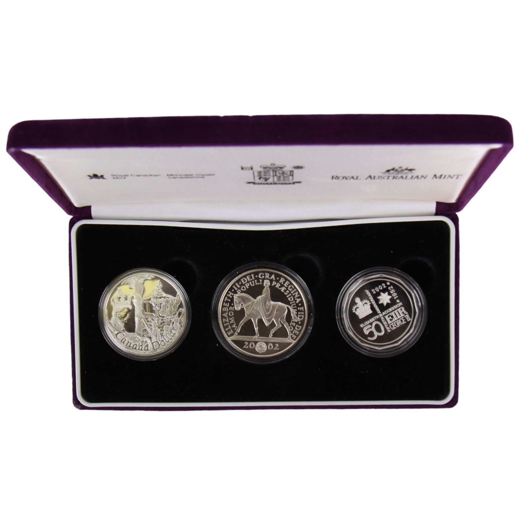 Queen Elizabeth II 2002 'The Accession Set' comprising United Kingdom five pounds,  Canada one Dollar and Australia fifty cents, cased with certificate