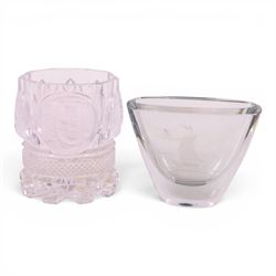 Studio art glass of baluster form, decoration with pulled feather design in purples and blues, together with Strombergshyttan vase, of tapering form with etched Viking boat design, two Murano bud vases, and one others