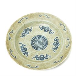 Chinese celadon dish, painted with bats in underglaze blue and with central Shou character...