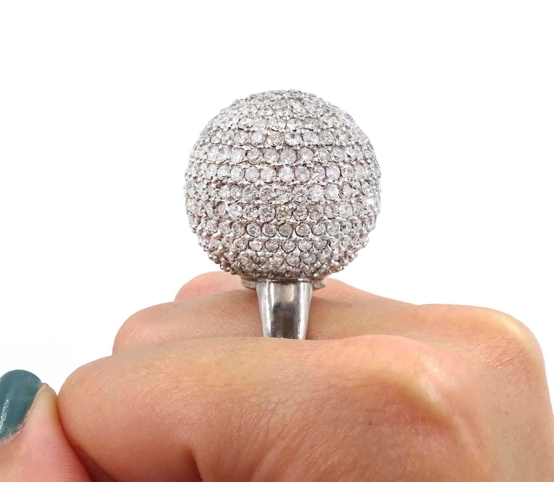 Palladium pave set round brilliant cut diamond ball ring, hallmarked, total diamond weight approx 15.00 carat