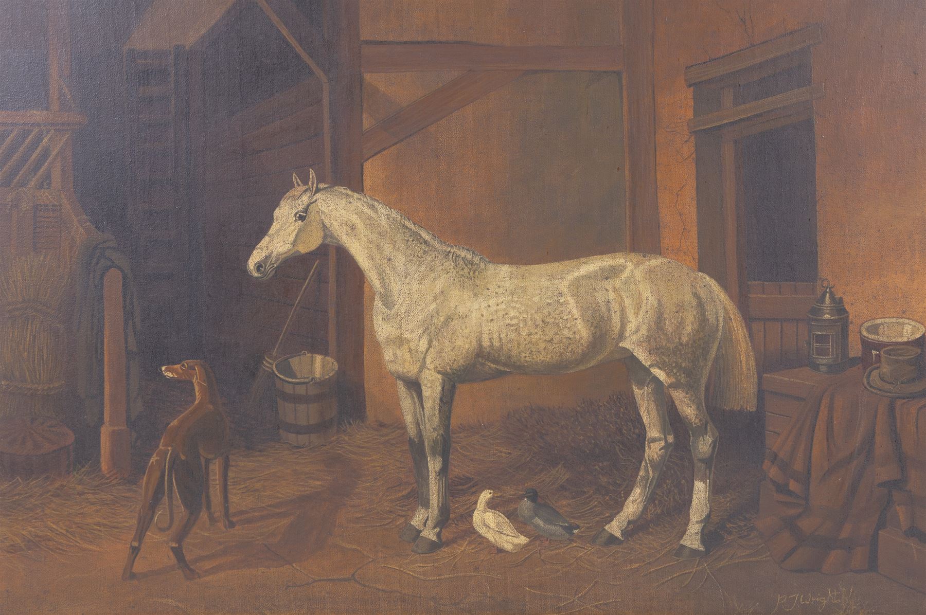 P J Wright (British 20th Century): Horse in Stable, oil on canvas signed 49cm x 75cm 