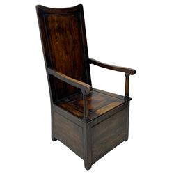 18th century elm box-seat lambing chair, dished cresting rail over panelled back, panelled hinged lid flanked by two turned arm supports