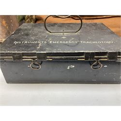 WW2 British Army RAMC 'Regimental Medical Pannier', well marked externally and dated 1941, stamped May 1943 internally, canvas covered wicker form with leather edges, hinged top and fall front with two rope carrying handles, fitted iron locking straps with securing chains; contains various unused field dressings and bandages with WW2 dates and two pillows; original label under lid L79cm