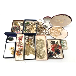  Collection of costume jewellery and fancy goods including simulated pearl necklaces, enamel effect belt buckle, 1812 Roscoe Palace One Penny Token, Ariki Paua Shell brooch etc   