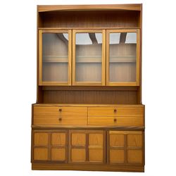 Nathan - teak wall display cabinet, enclosed by three glazed doors, fitted with four drawers and three cupboards 