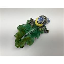 Minton majolica leaf dish, modelled as a Blue Tit perched on a branch with acorns and an oak leaf, date cypher for 1868, impressed marks beneath, L21cm. 